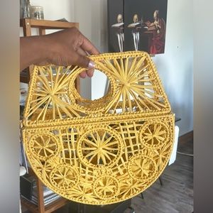 BNWT handmade in India woven rattan yellow bag with cotton insert